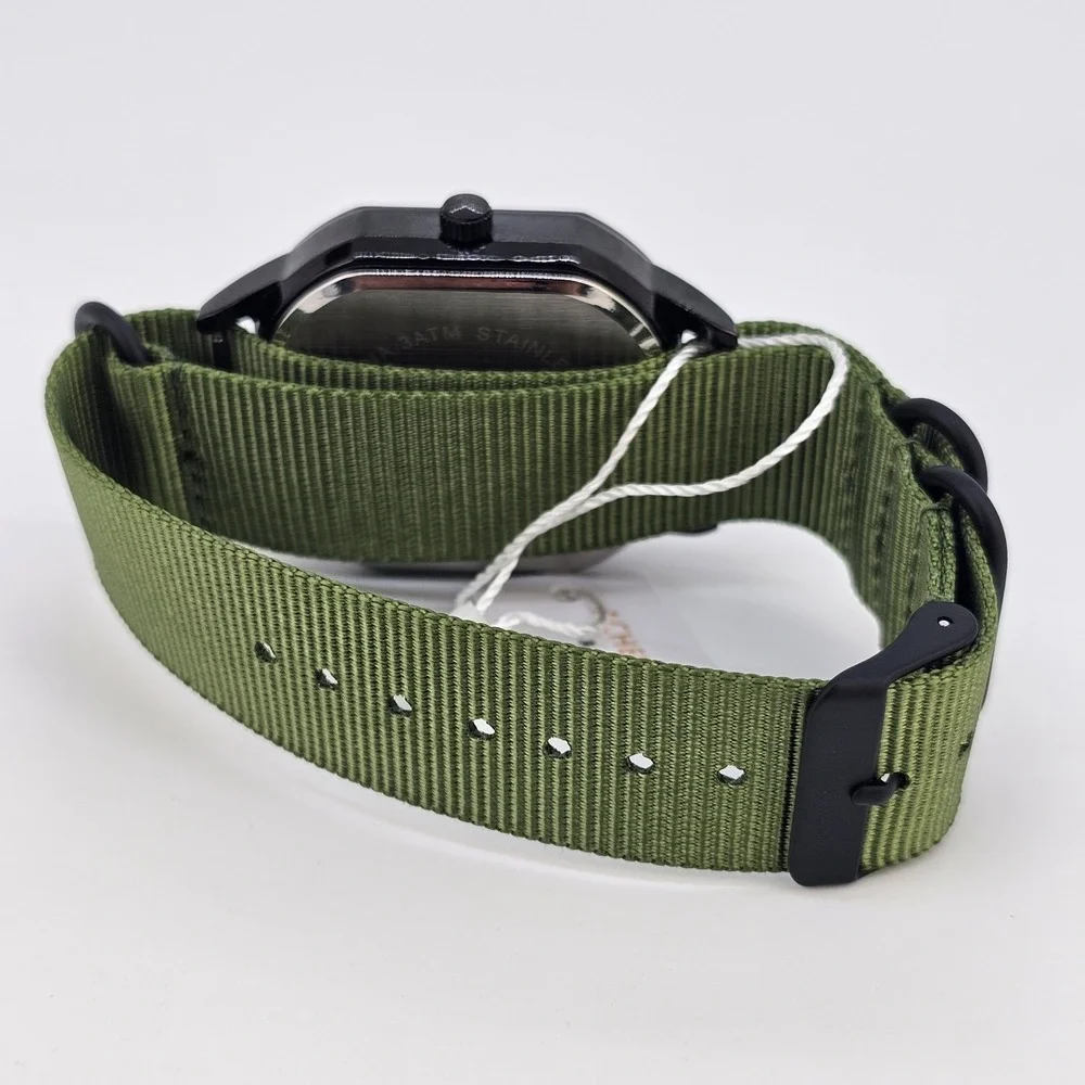Men's Watch 42MM Black Dial Black Case‎ Date Army Green Canvas Band New Battery